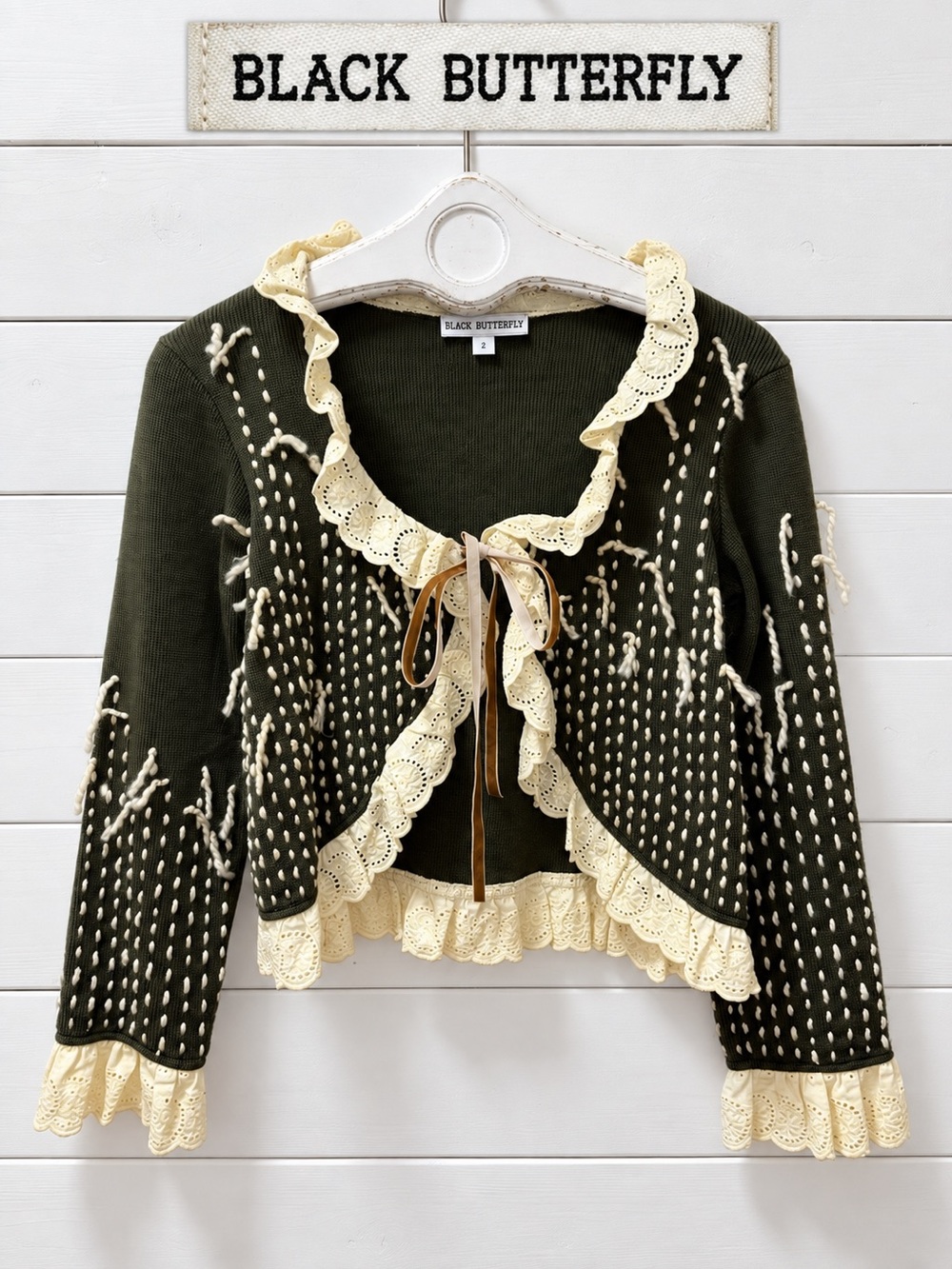 BLACK BUTTERFLY Embroidered Lace Cardigan – Olive Green – Estimated M